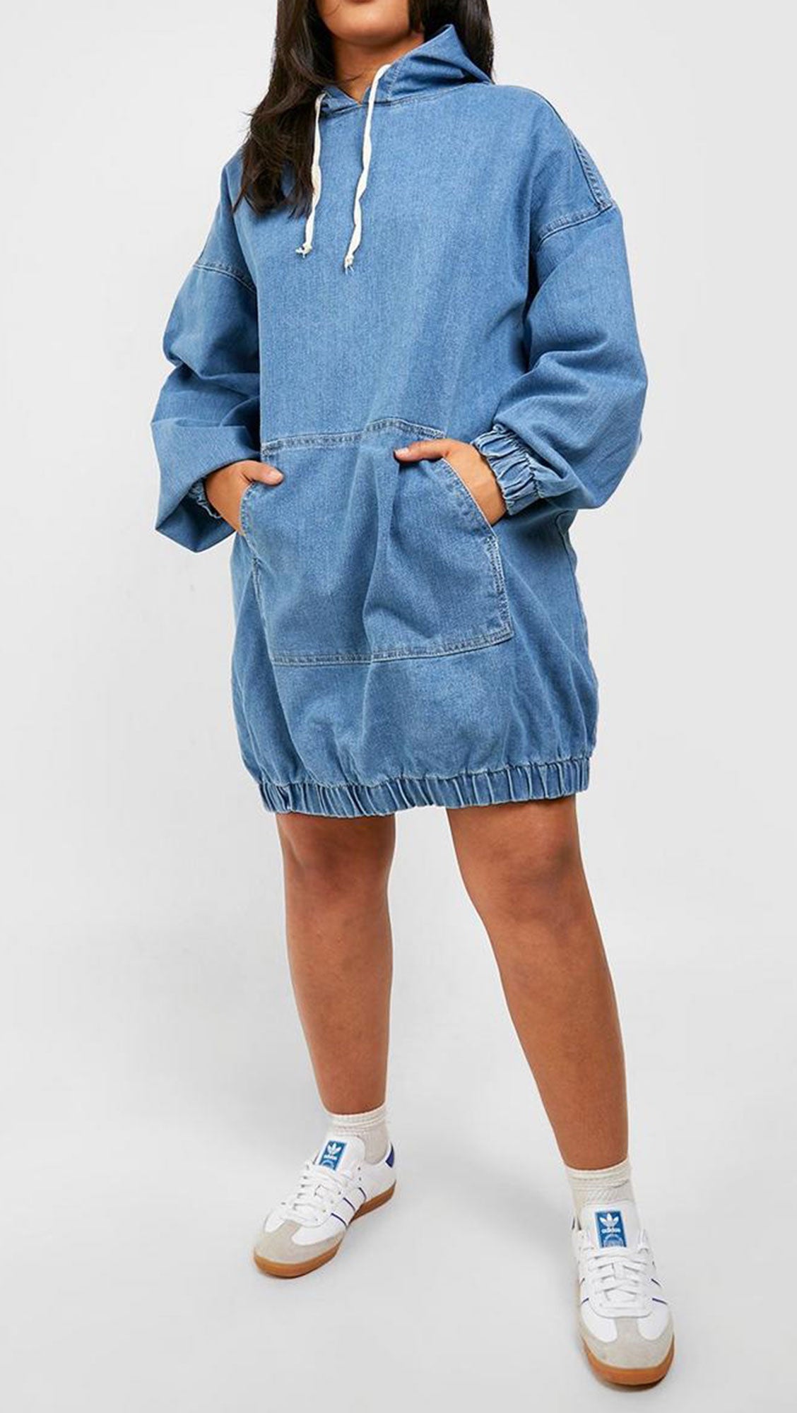 PLUS HOODED DENIM PULLOVER DRESS