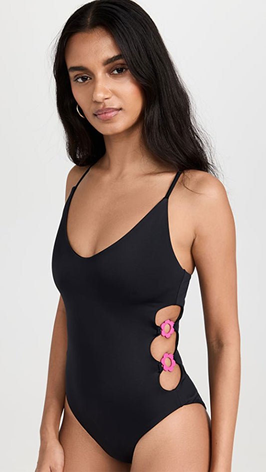 Black classic V-neck one-piece swimsuit