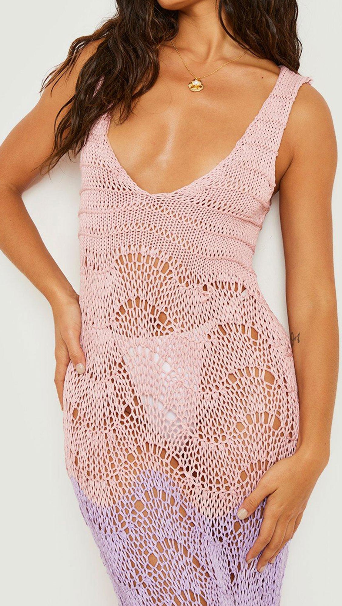 CROCHET CONTRAST SCALLOP SCOOP BEACH DRESS