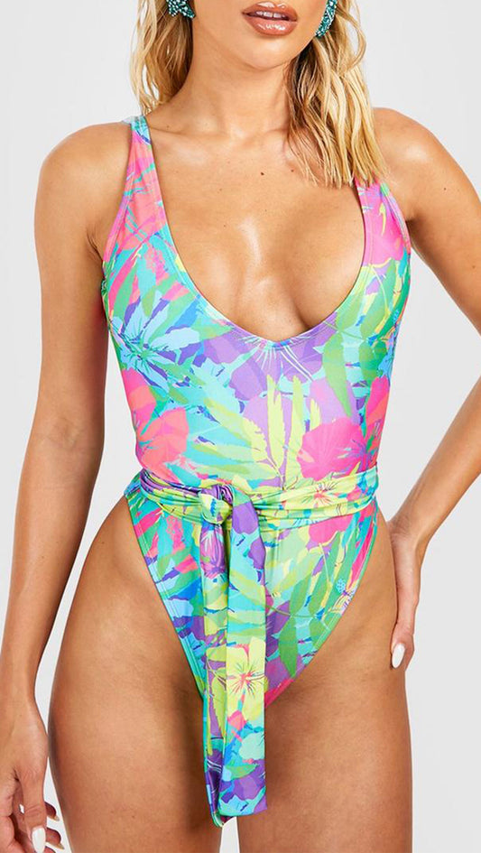 TROPICAL TIE WAIST BELTED SWIMSUIT