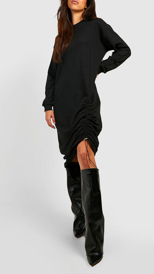 OVERSIZED RUCHED SIDE MIDI SWEATER DRESS