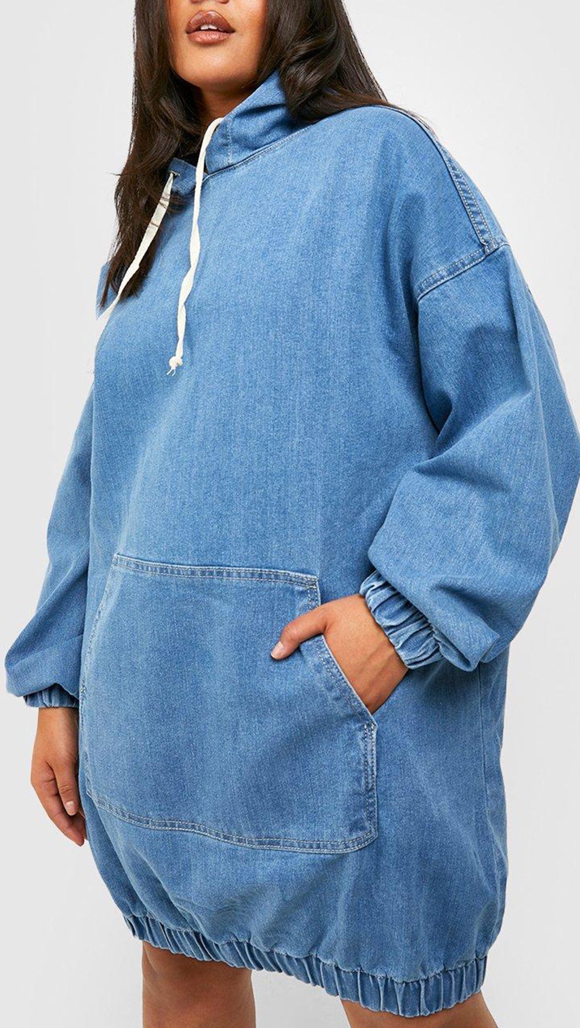 PLUS HOODED DENIM PULLOVER DRESS IYOGA