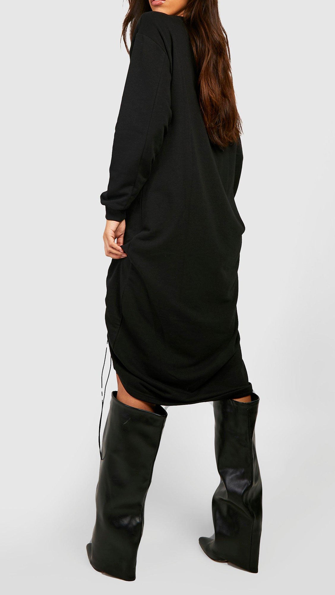 OVERSIZED RUCHED SIDE MIDI SWEATER DRESS