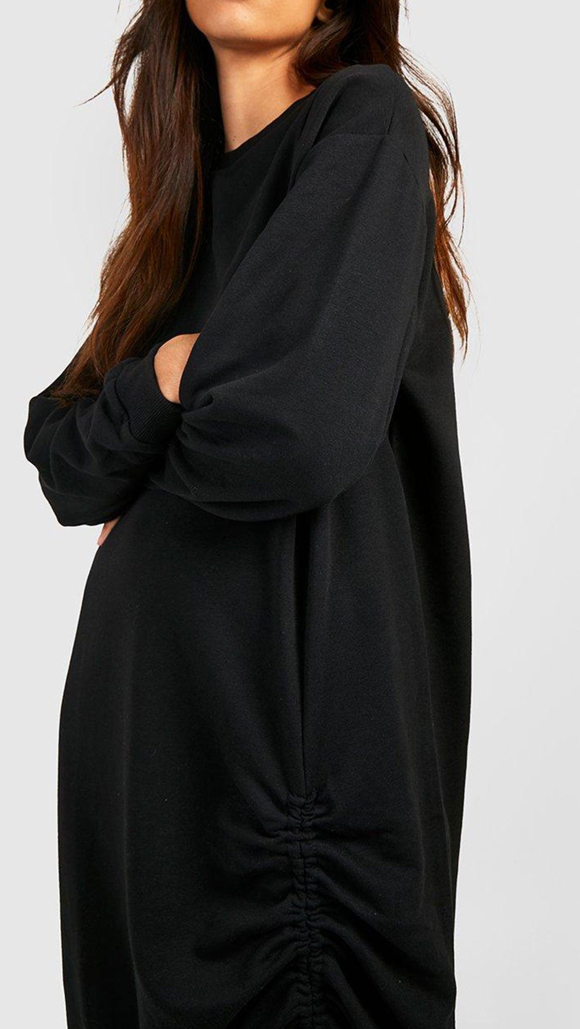 OVERSIZED RUCHED SIDE MIDI SWEATER DRESS