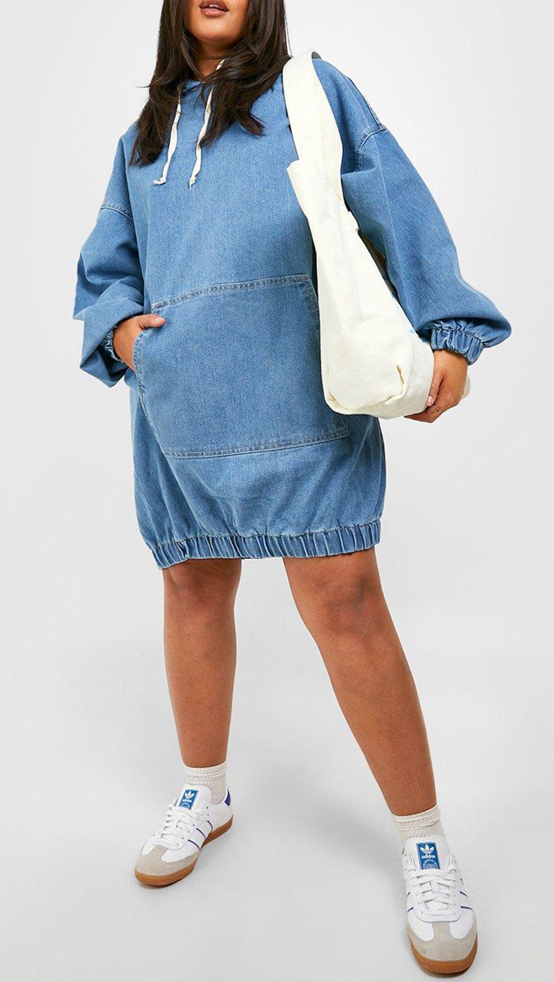 PLUS HOODED DENIM PULLOVER DRESS