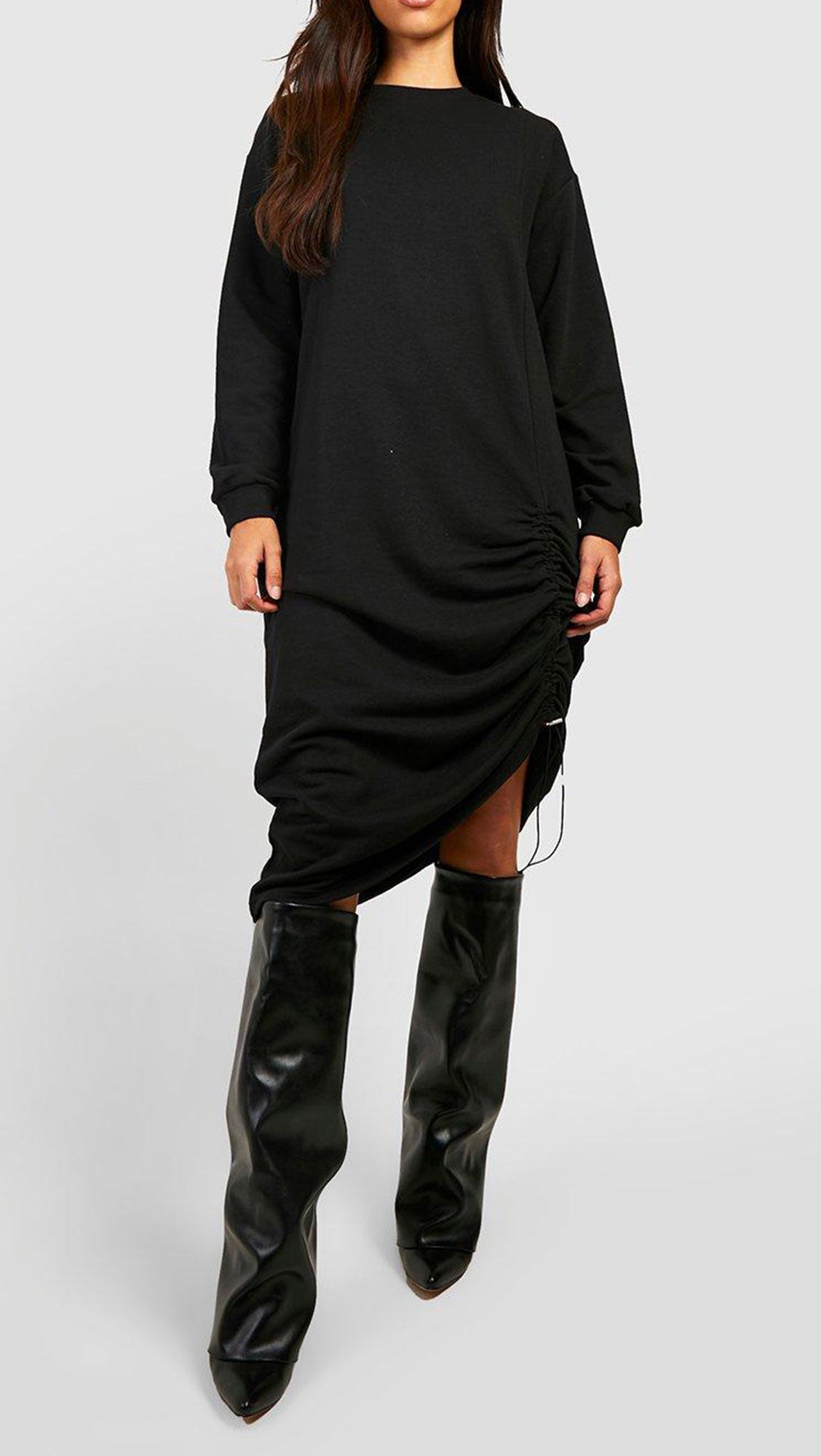 OVERSIZED RUCHED SIDE MIDI SWEATER DRESS