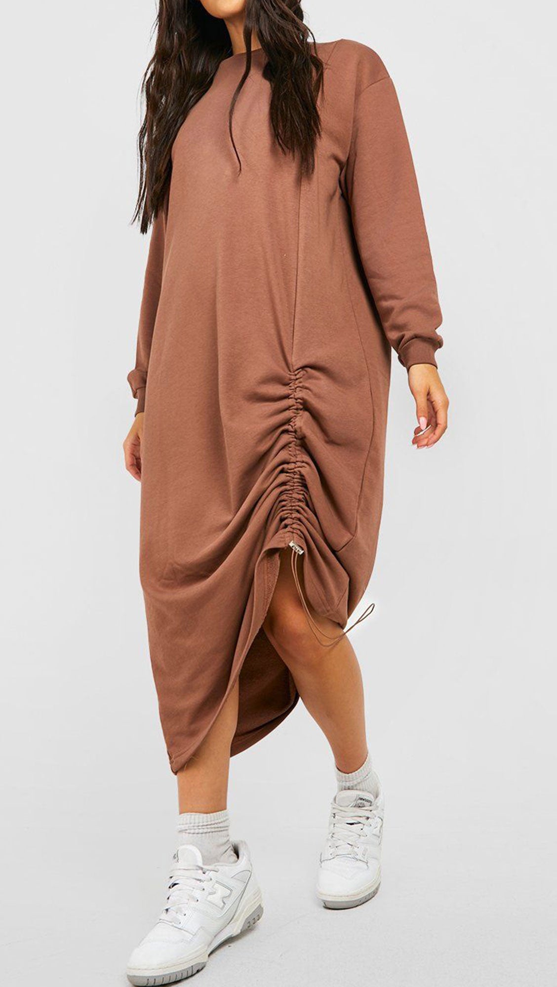 OVERSIZED RUCHED SIDE MIDI SWEATER DRESS